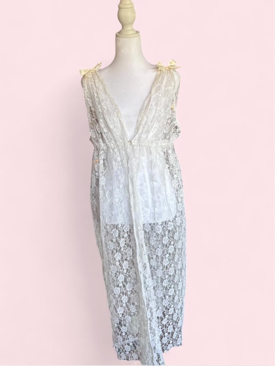 Handmade Other - Sheer Lace Maxi Robe with Bow - White Cottagecore Bridal Feminine Coquette Girl